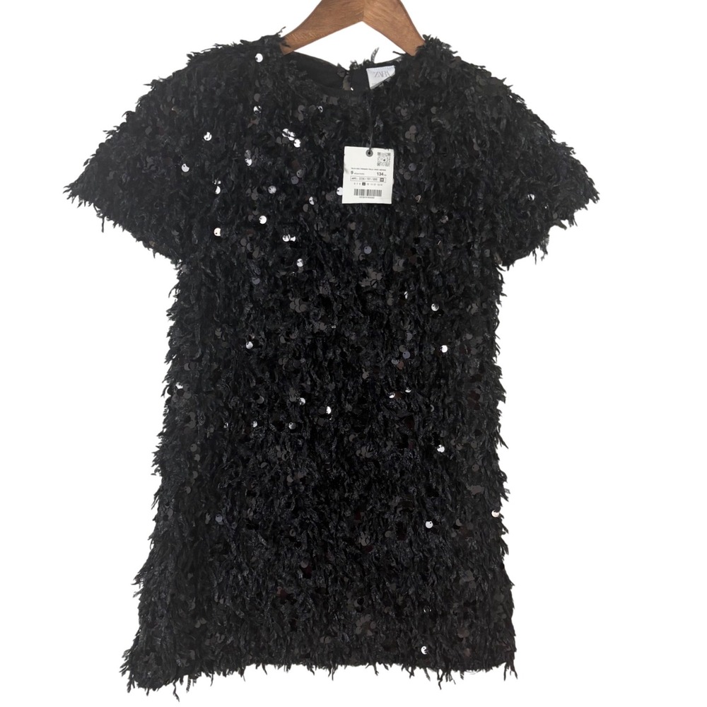 NWT Zara Sequin Fringe Dress Kids Size 9 Black Textured Sparkle Party Mini Dance